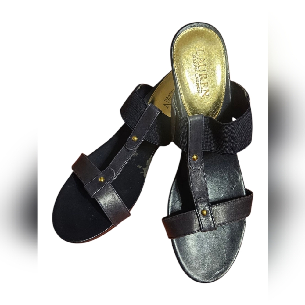 Lauren Ralph Size 9 Lauren Black  Leather T Strap Stretch Wedge Open Toe Sandal